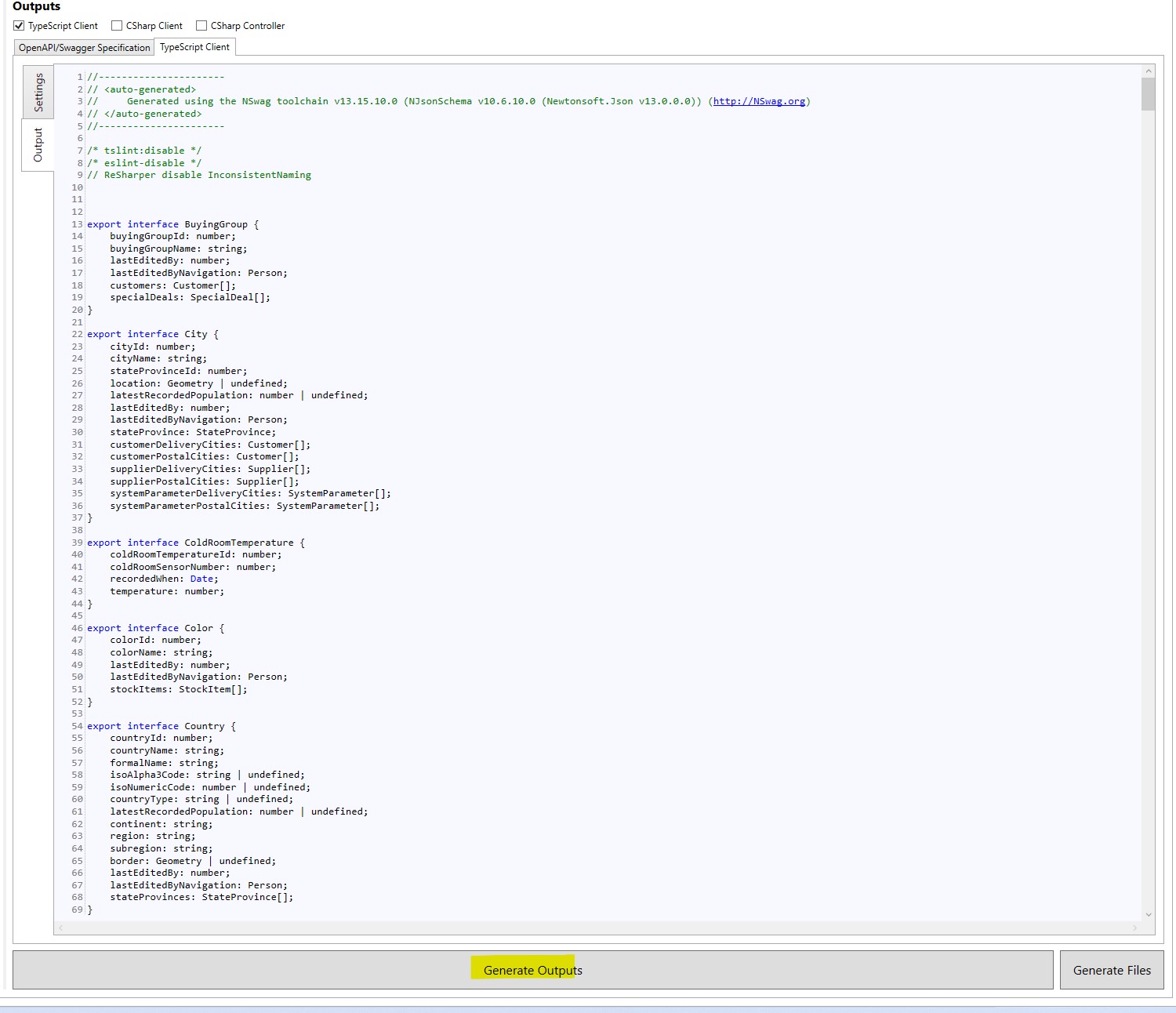 The TypeScript interfaces generated by NSwagStudio